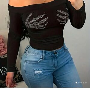 Off-Shoulder Black Top with Rhinestone Design